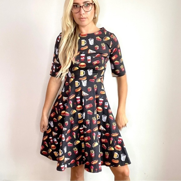 Retro Pinup Pizza, Hotdog, Burger, Chinese, Beer A Line Fit & Flare Dress - Picture 8 of 13